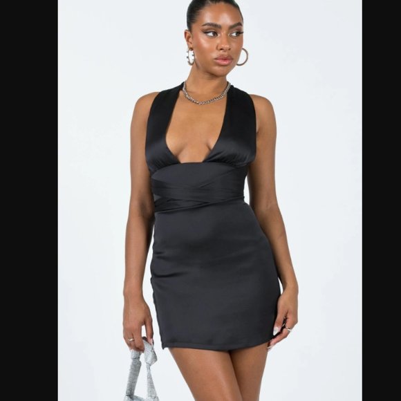 Princess Polly Katina Black Satin Halter Mini Dress 8 - Picture 2 of 10